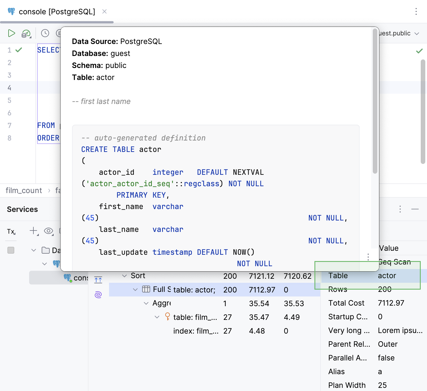Quick Documentation in the query plan row details pane