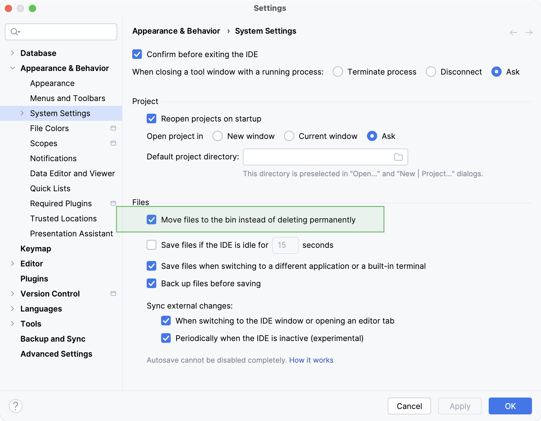 The behavior setting in the Settings dialog The behavior setting in the Settings dialog