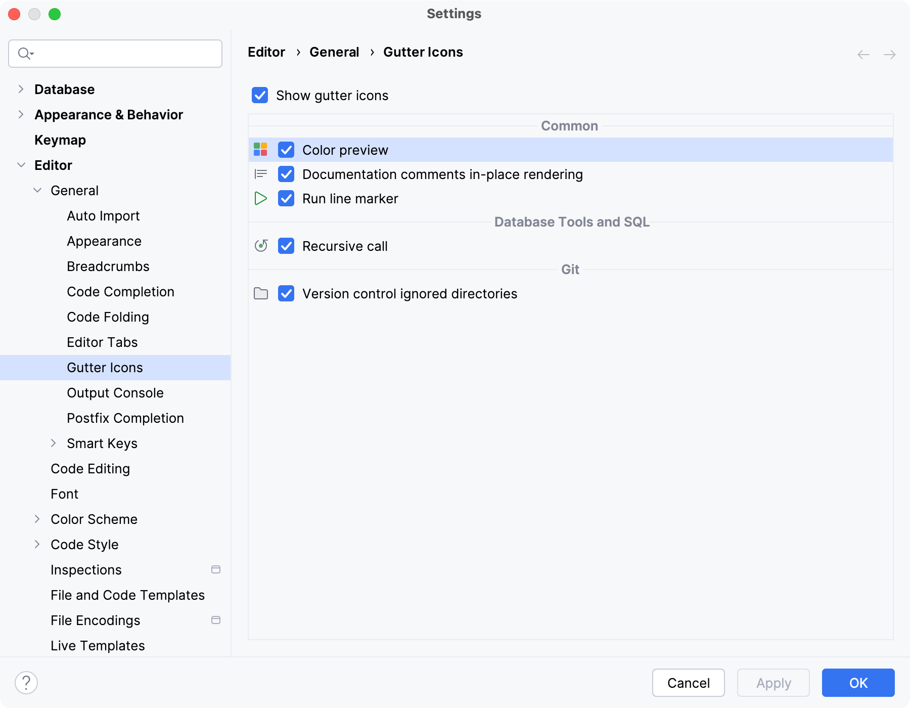Gutter icons settings in the Settings dialog Gutter icons settings in the Settings dialog