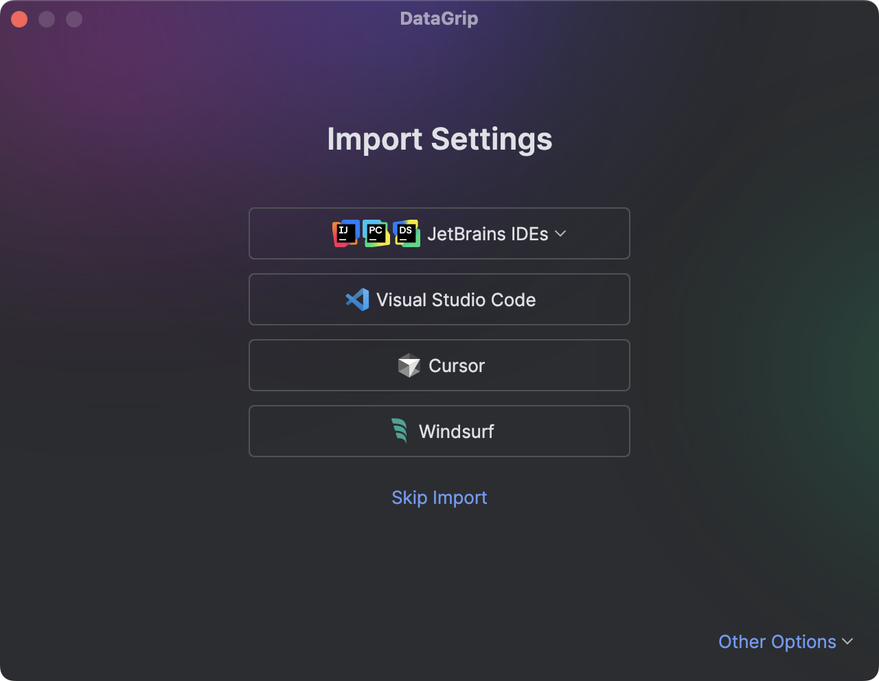 The Import Settings dialog with the cursor on the Visual Studio Code button The Import Settings dialog with the cursor on the Visual Studio Code button
