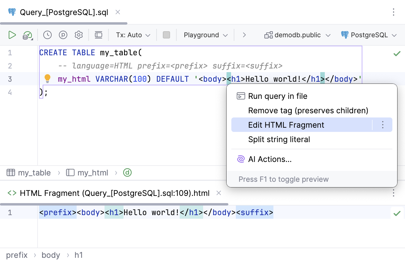 Open a code fragment in the dedicated editor section Open a code fragment in the dedicated editor section