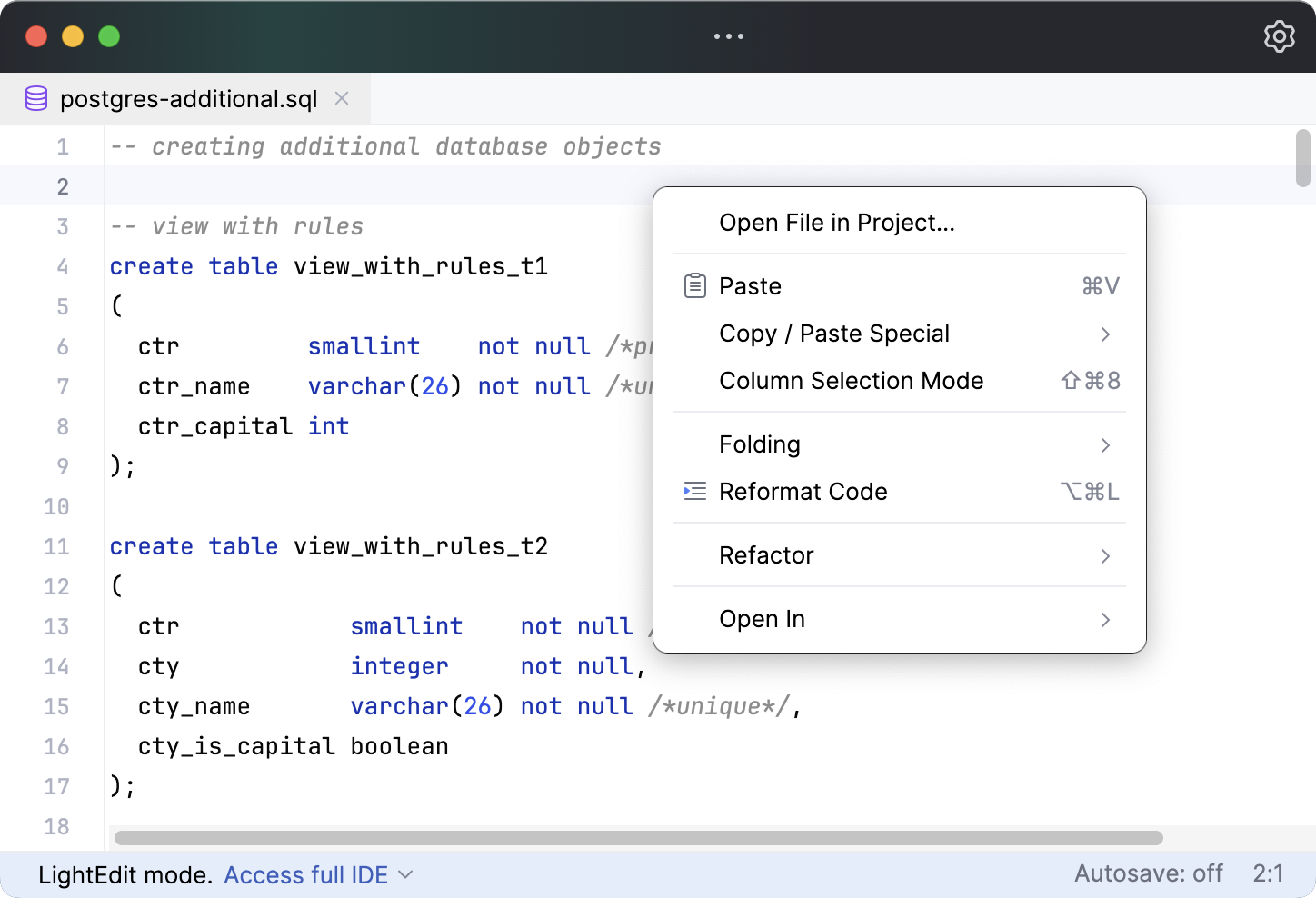 LightEditor: the context menu LightEditor: the context menu