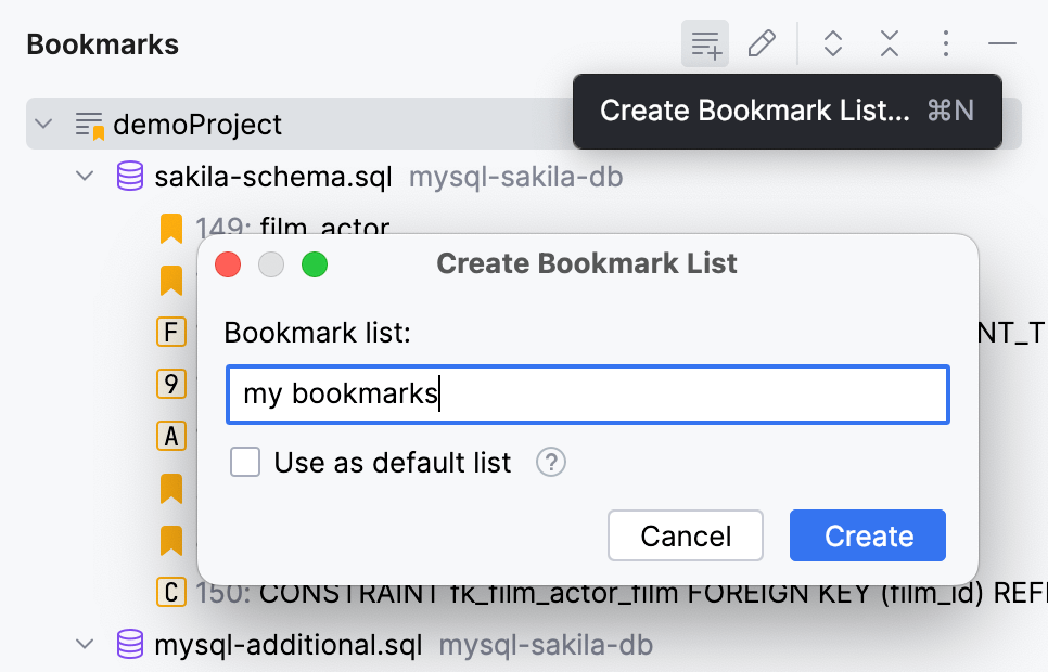 Creating new bookmark list Creating new bookmark list