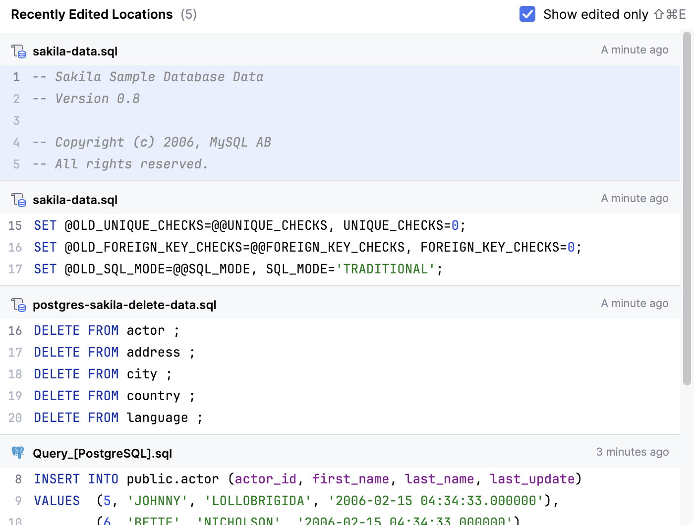Recent Locations popup: Show changed only Recent Locations popup: Show changed only