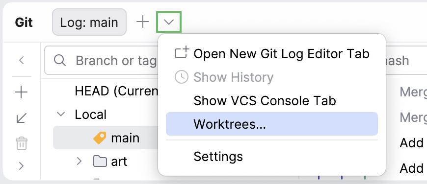 The Git tool window with an option to open the Worktrees tab