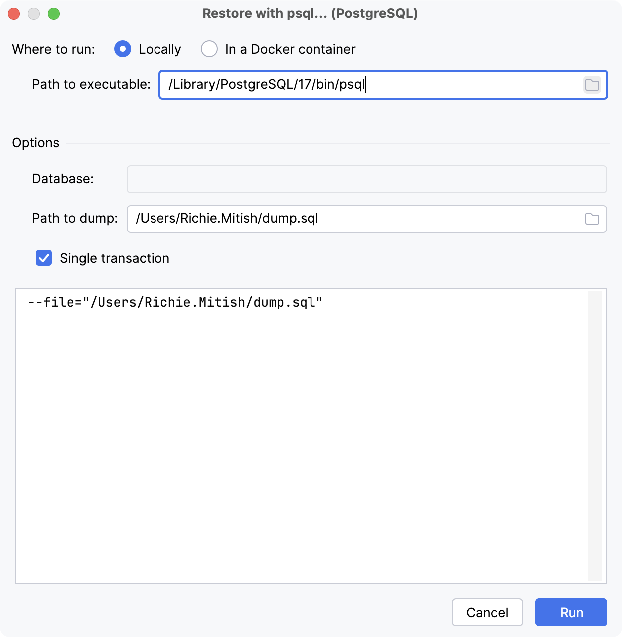 the Restore with psql dialog