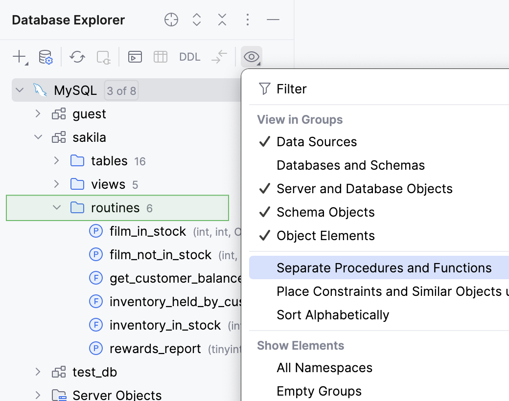 Routines display enabled in Database Explorer