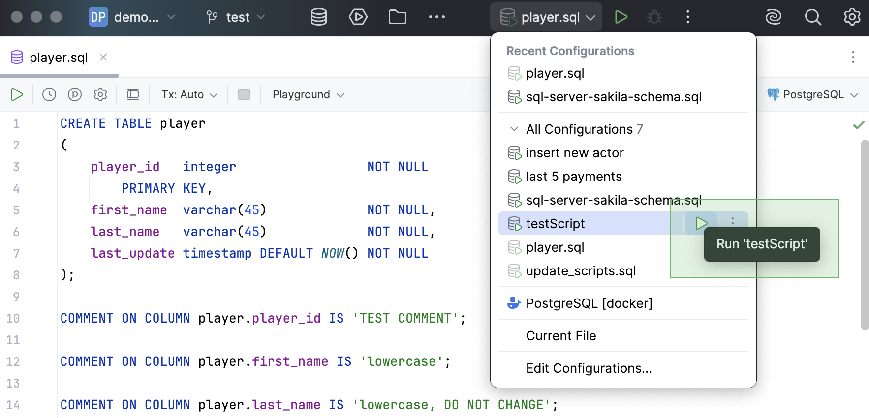 'Run' button near a run configuration in the Run widget menu