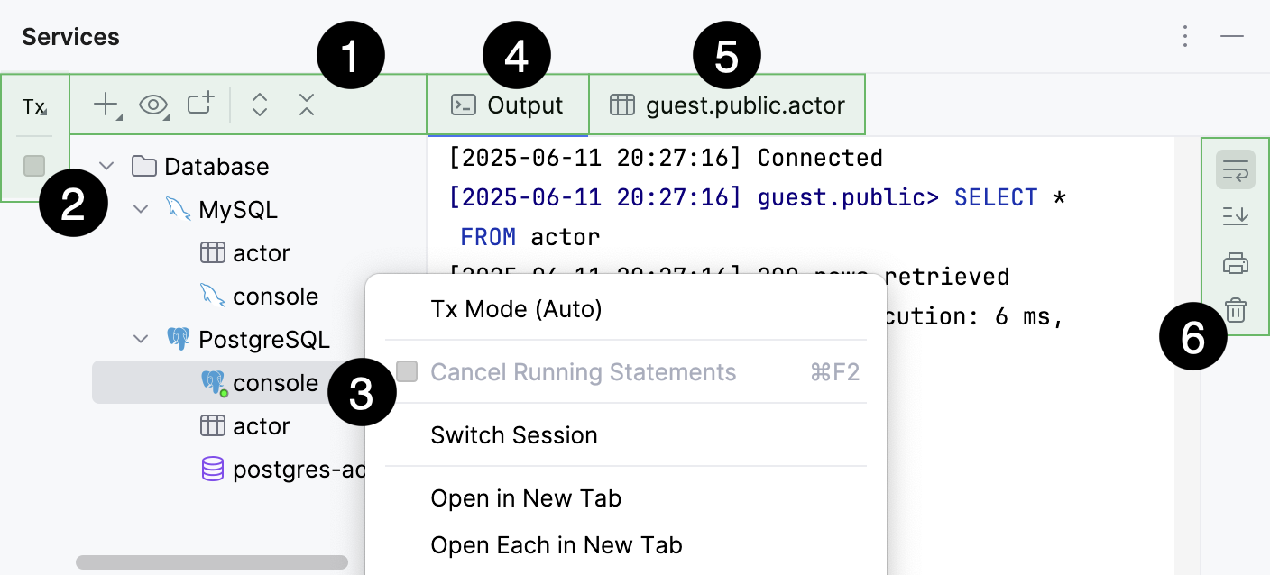 Database services in the Services tool window