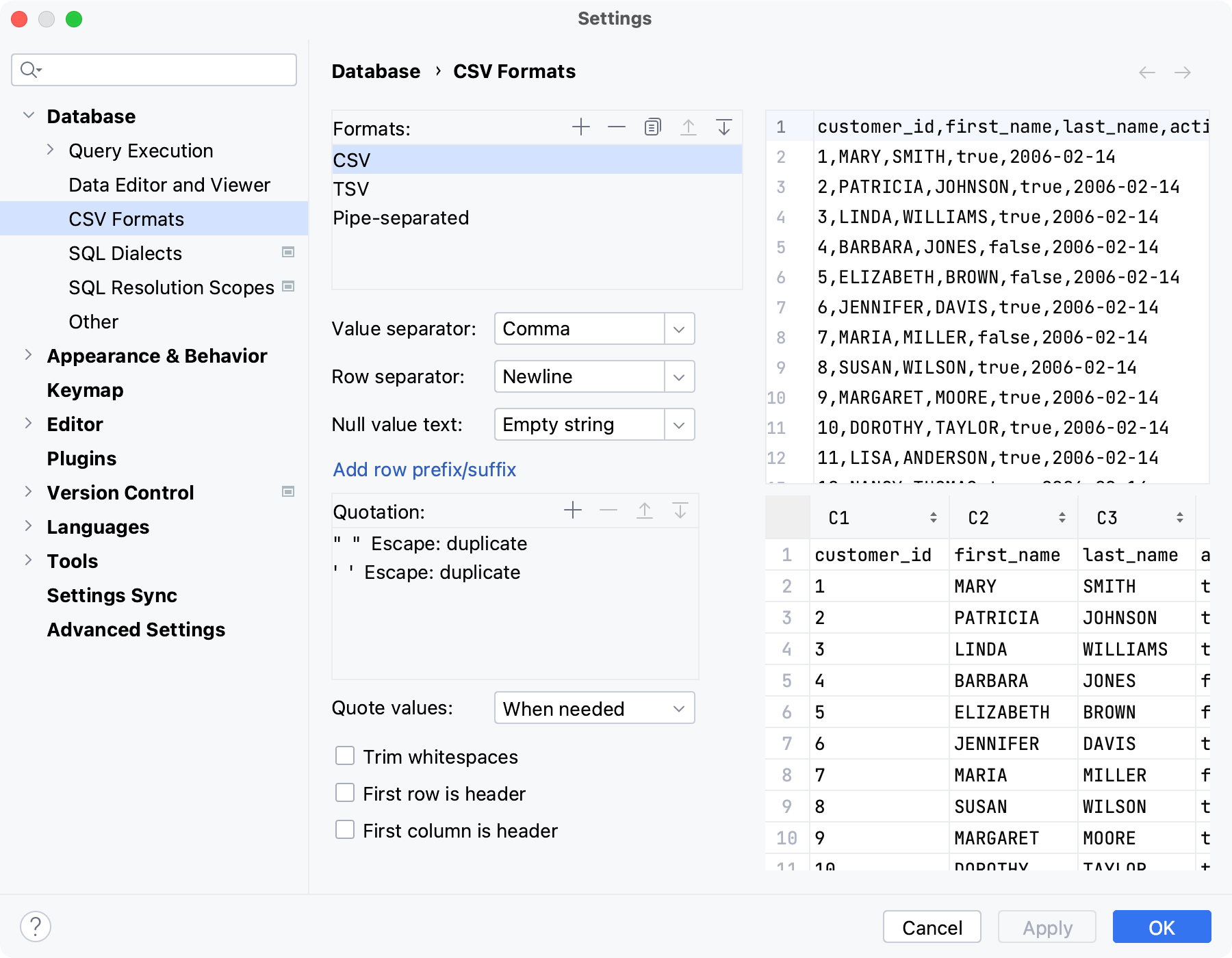 the CSV Formats settings dialog the CSV Formats settings dialog