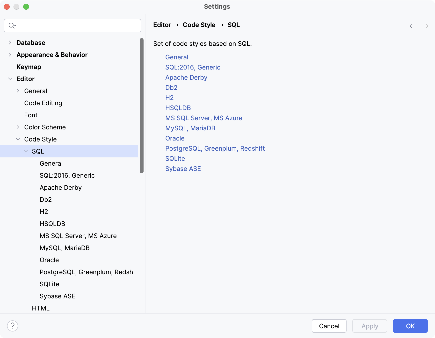 the SQL code style settings dialog the SQL code style settings dialog