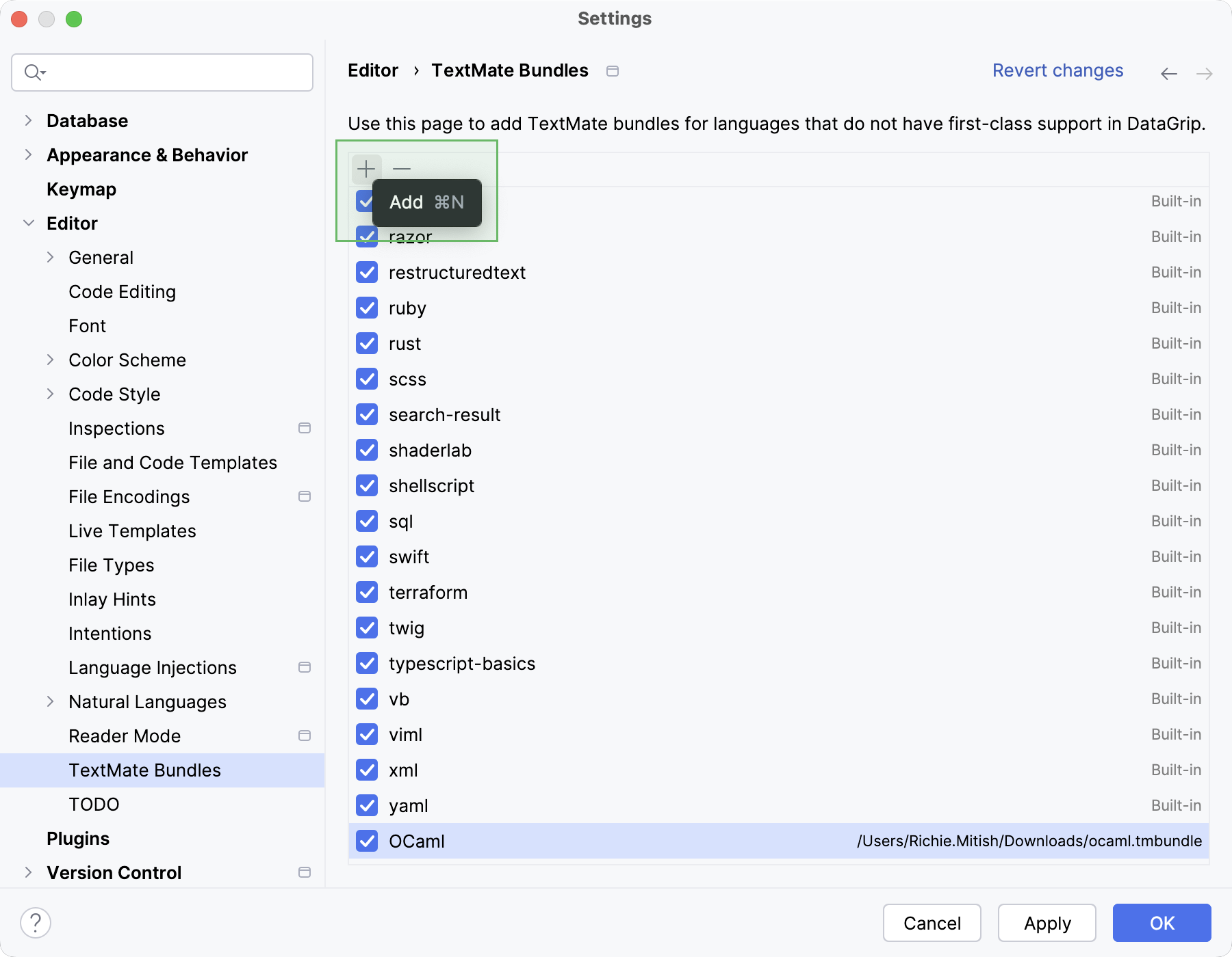 TextMate Bundles in the IDE settings TextMate Bundles in the IDE settings