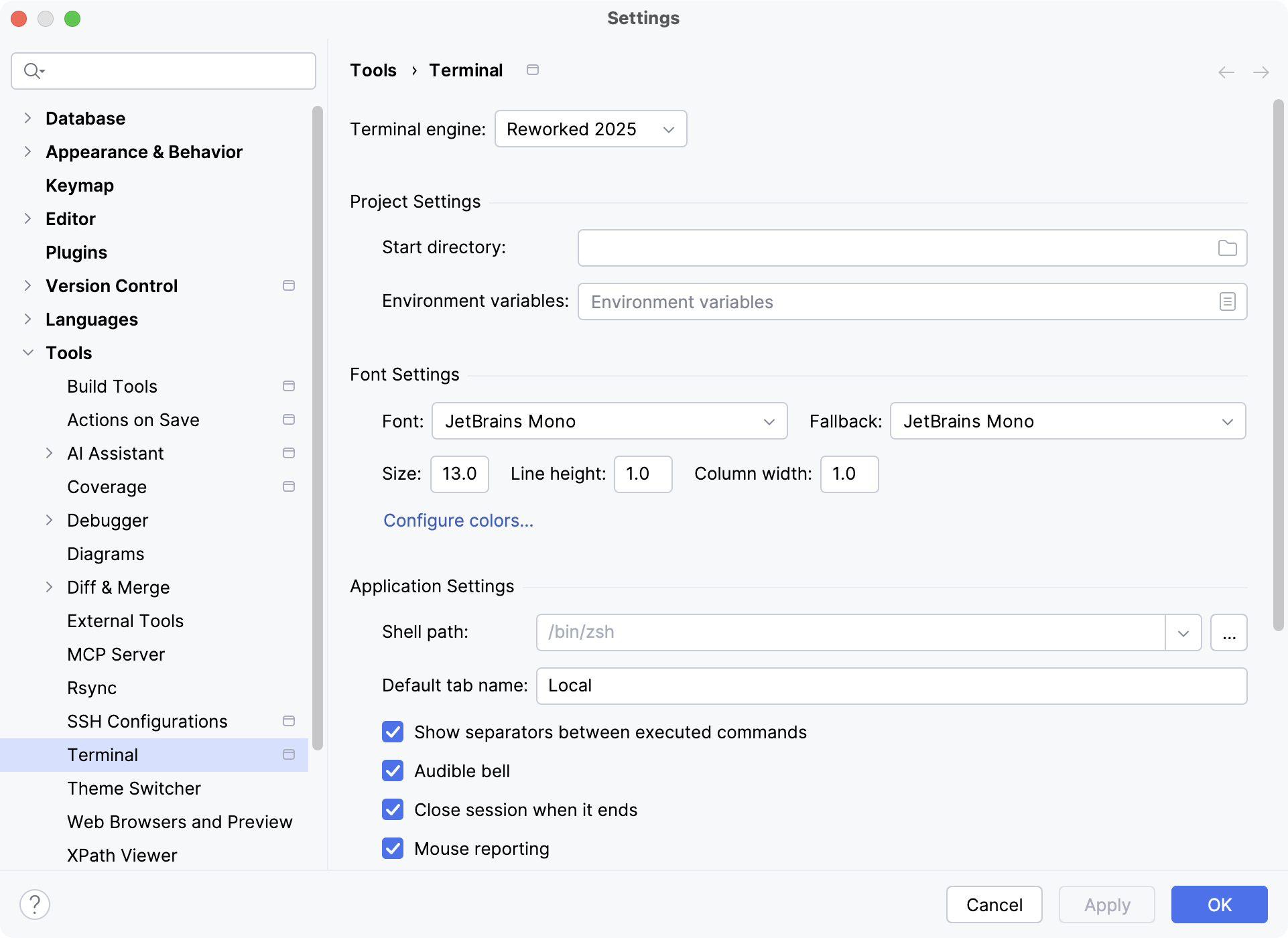 Settings | Tools | Terminal Settings | Tools | Terminal