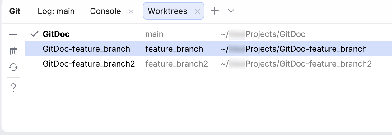 Worktrees tab in the Git tool window with several worktrees