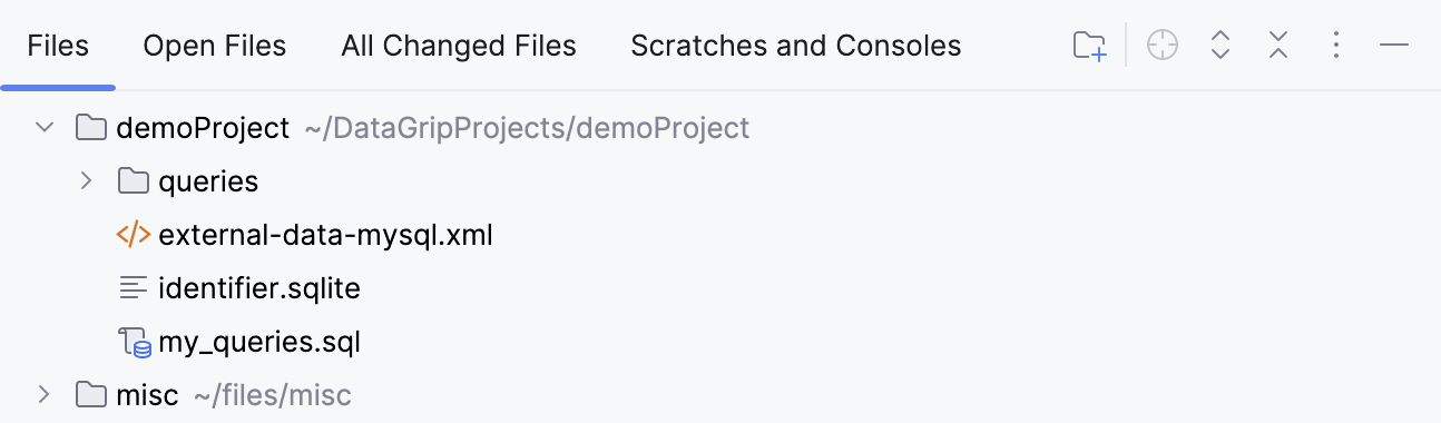 The Files tool window with the Group Tabs option enabled The Files tool window with the Group Tabs option enabled