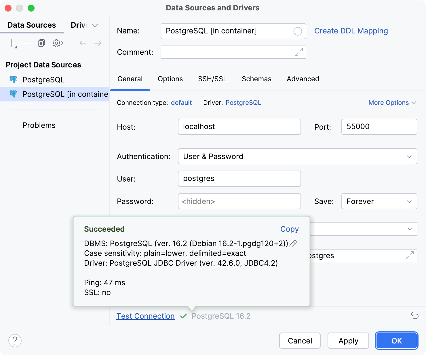 Successful test connection to the PostgreSQL data source Successful test connection to the PostgreSQL data source