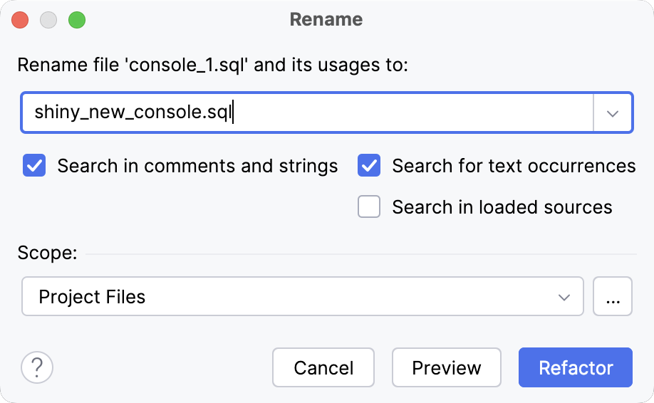 Rename dialog for the query console