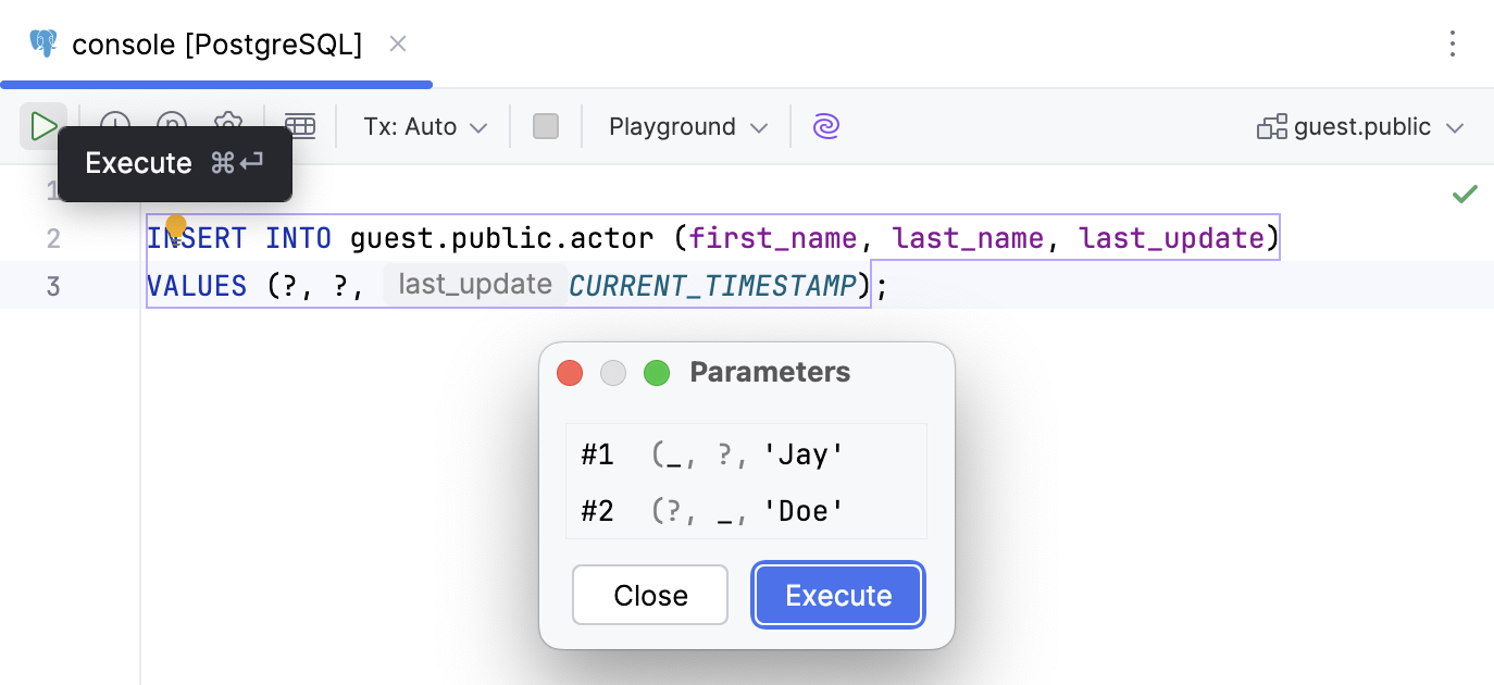 Enter the user parameters to run your statement with
