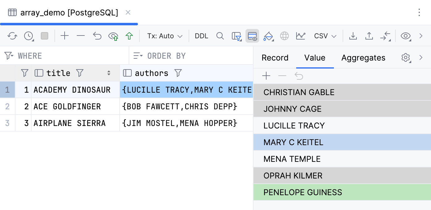Highlighted changes made to an array in the Value editor