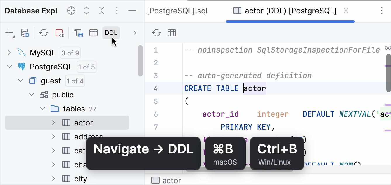 Edit the DDL definition of a database object