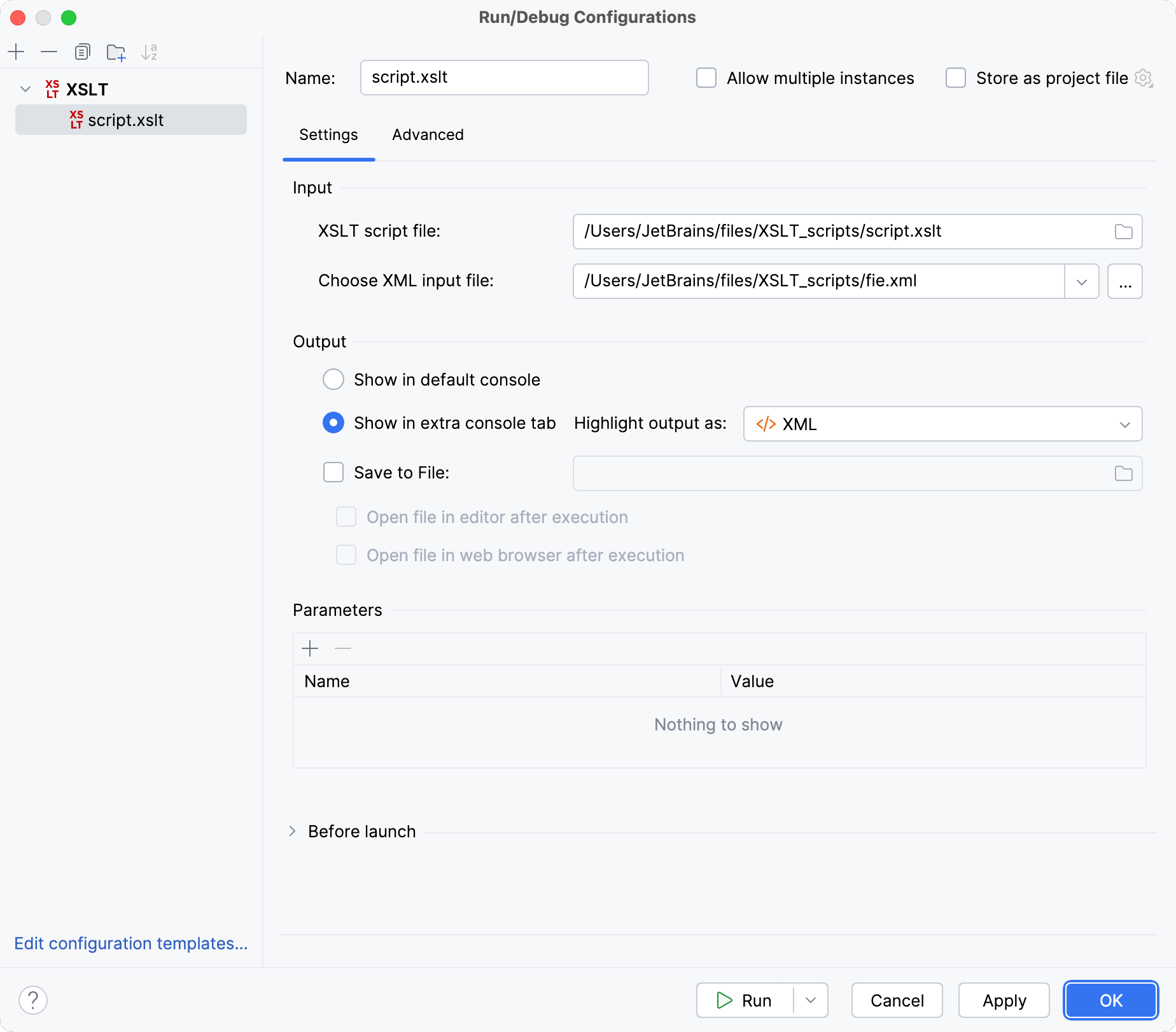 XSLT run/debug configuration XSLT run/debug configuration