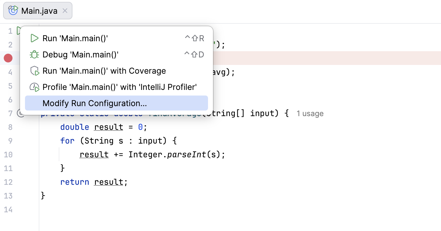 Run button in the gutter