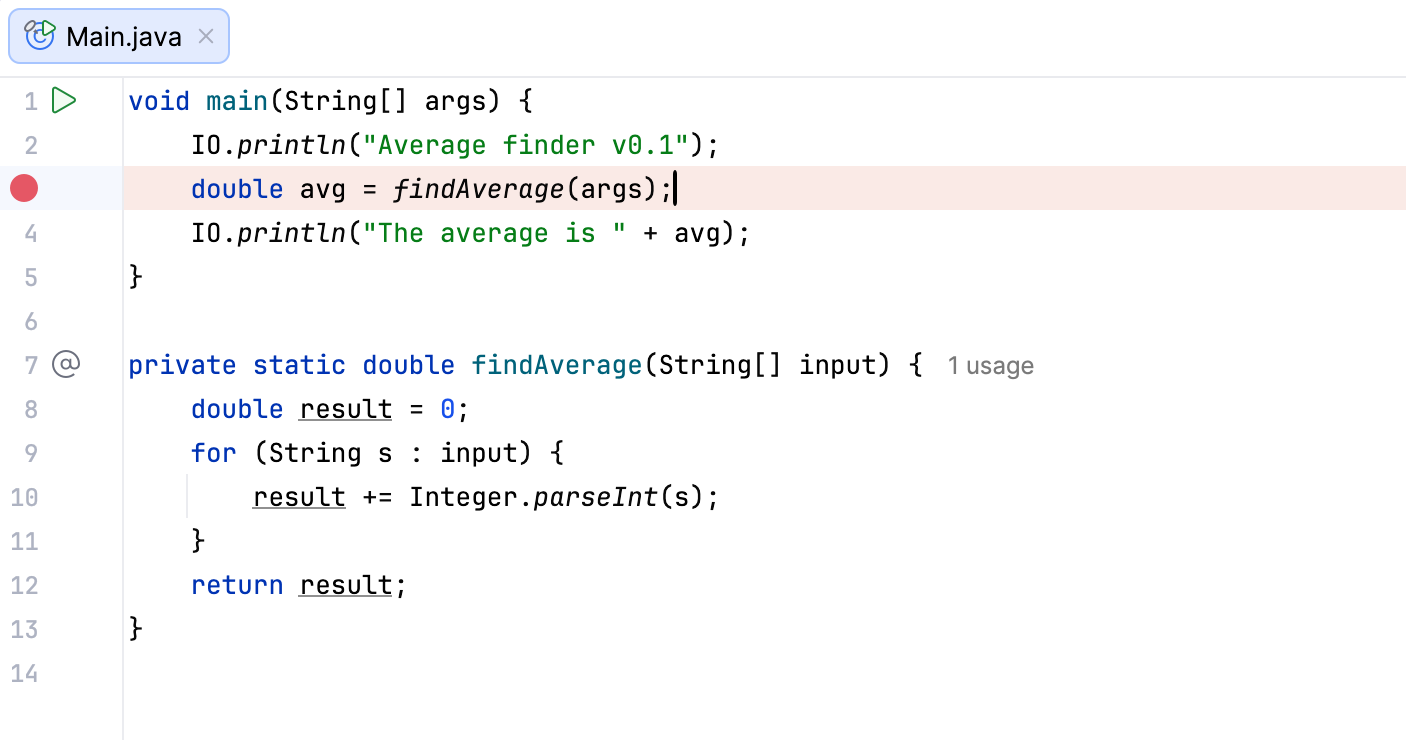 A breakpoint is set at the line that calls the findAverage method