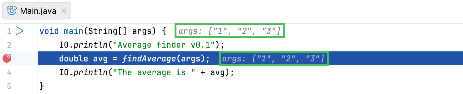 Inline debugging shows variable values right at the line where the respective variables are used