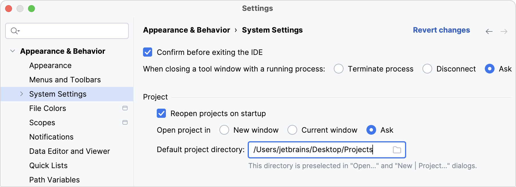 Changing the default location for projects Changing the default location for projects