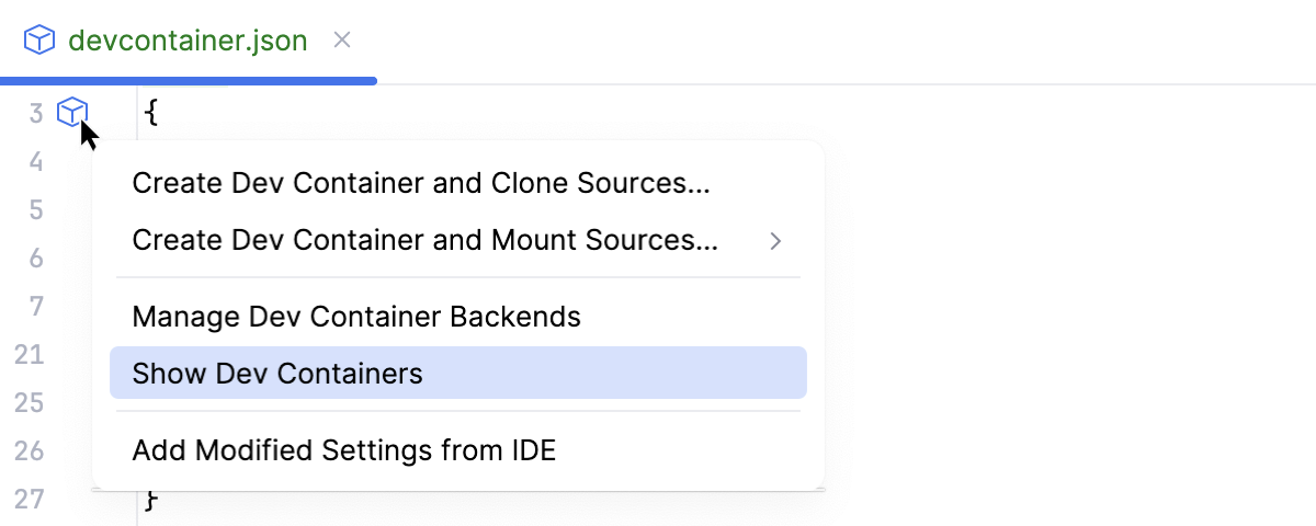 Context menu: Show Dev Containers