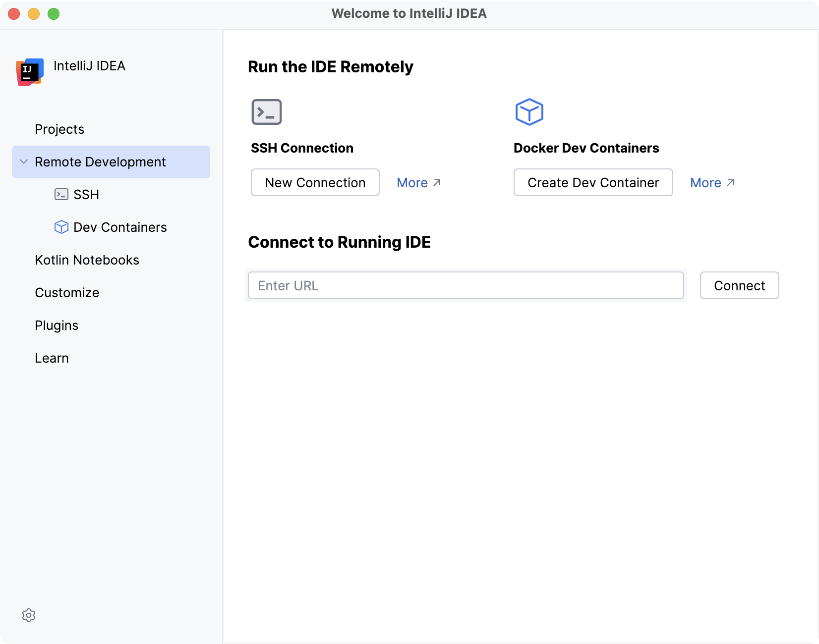 Configuring remote development settings on Welcome screen
