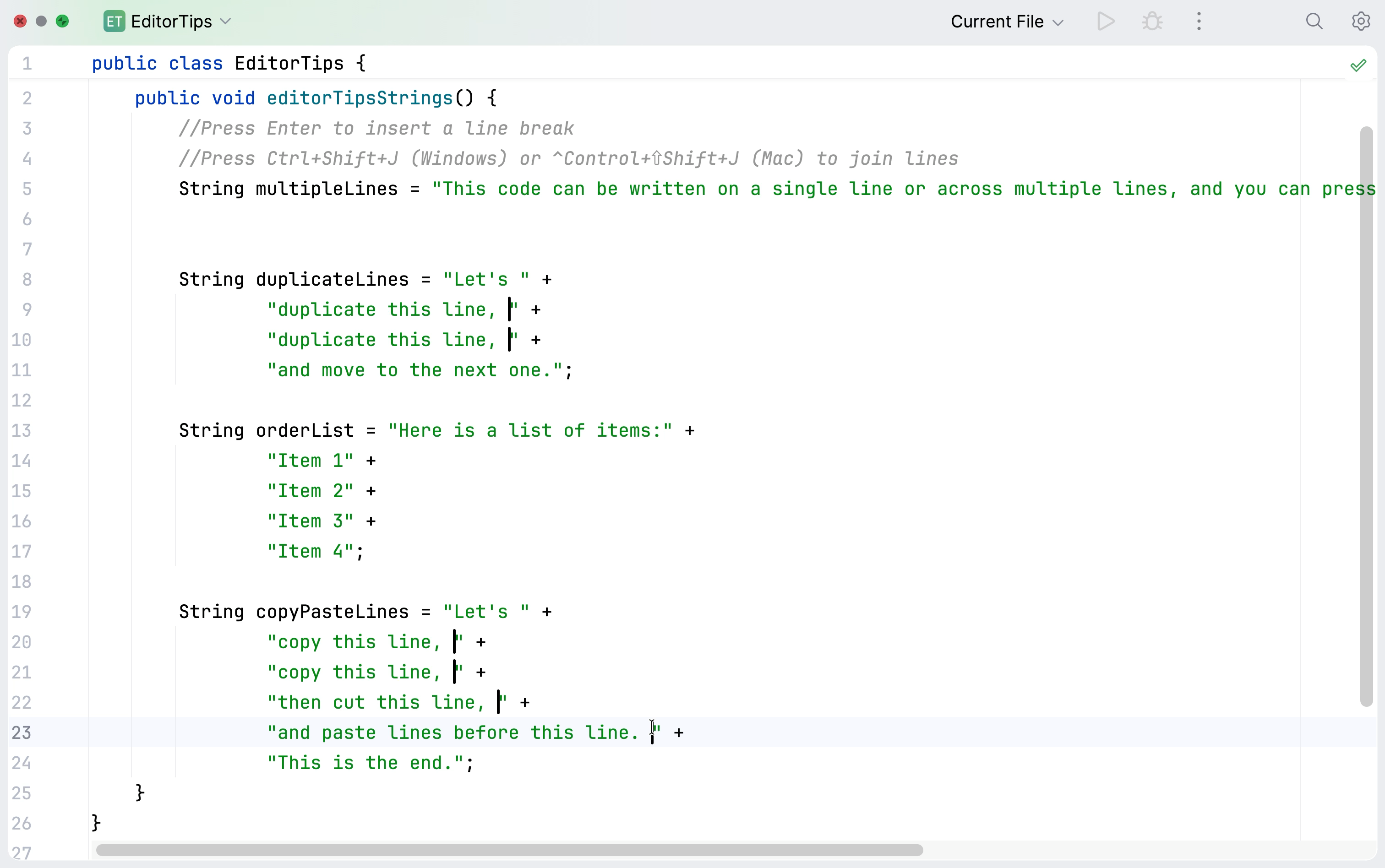 Add multiple carets in the editor