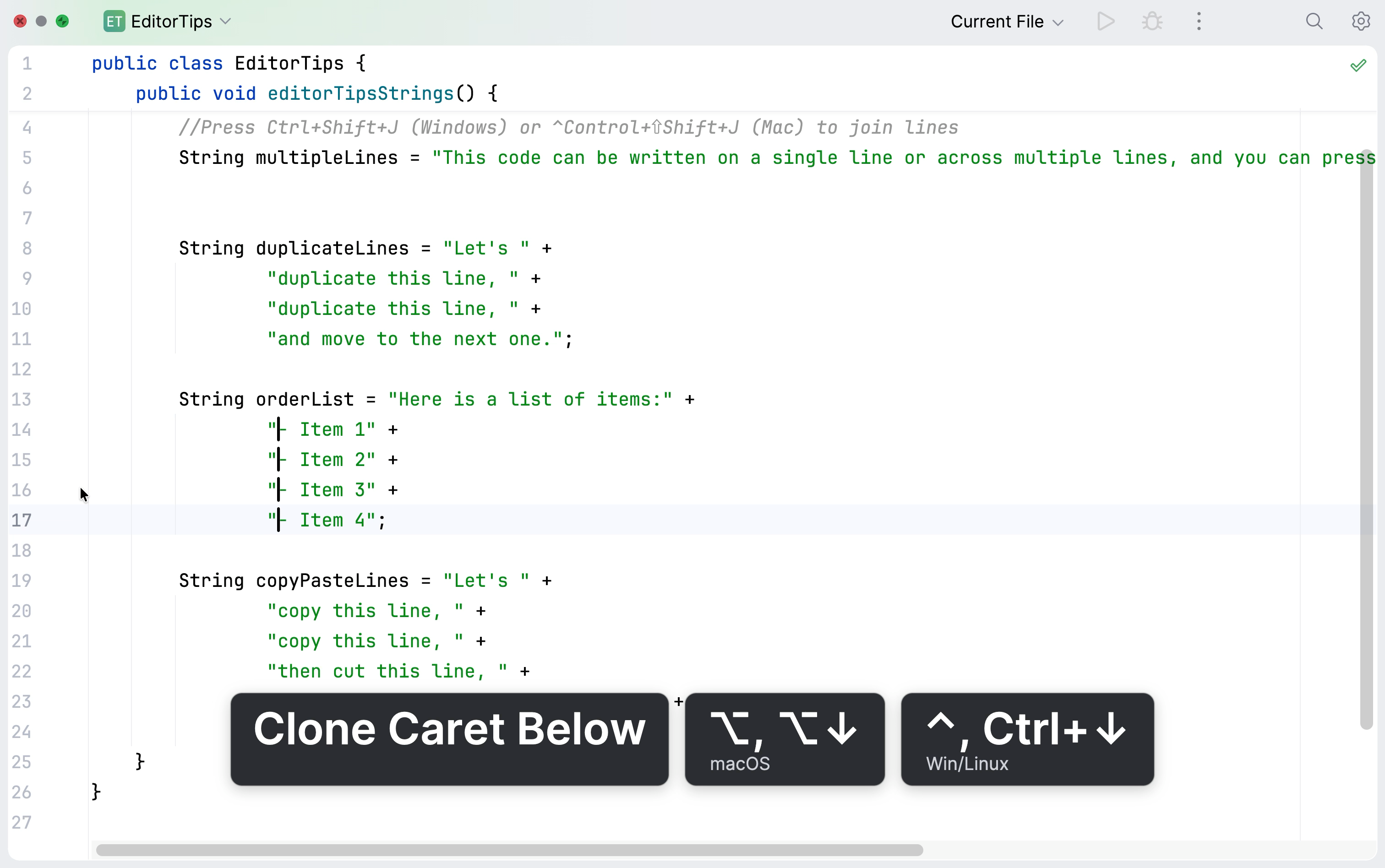 Clone carets in the editor