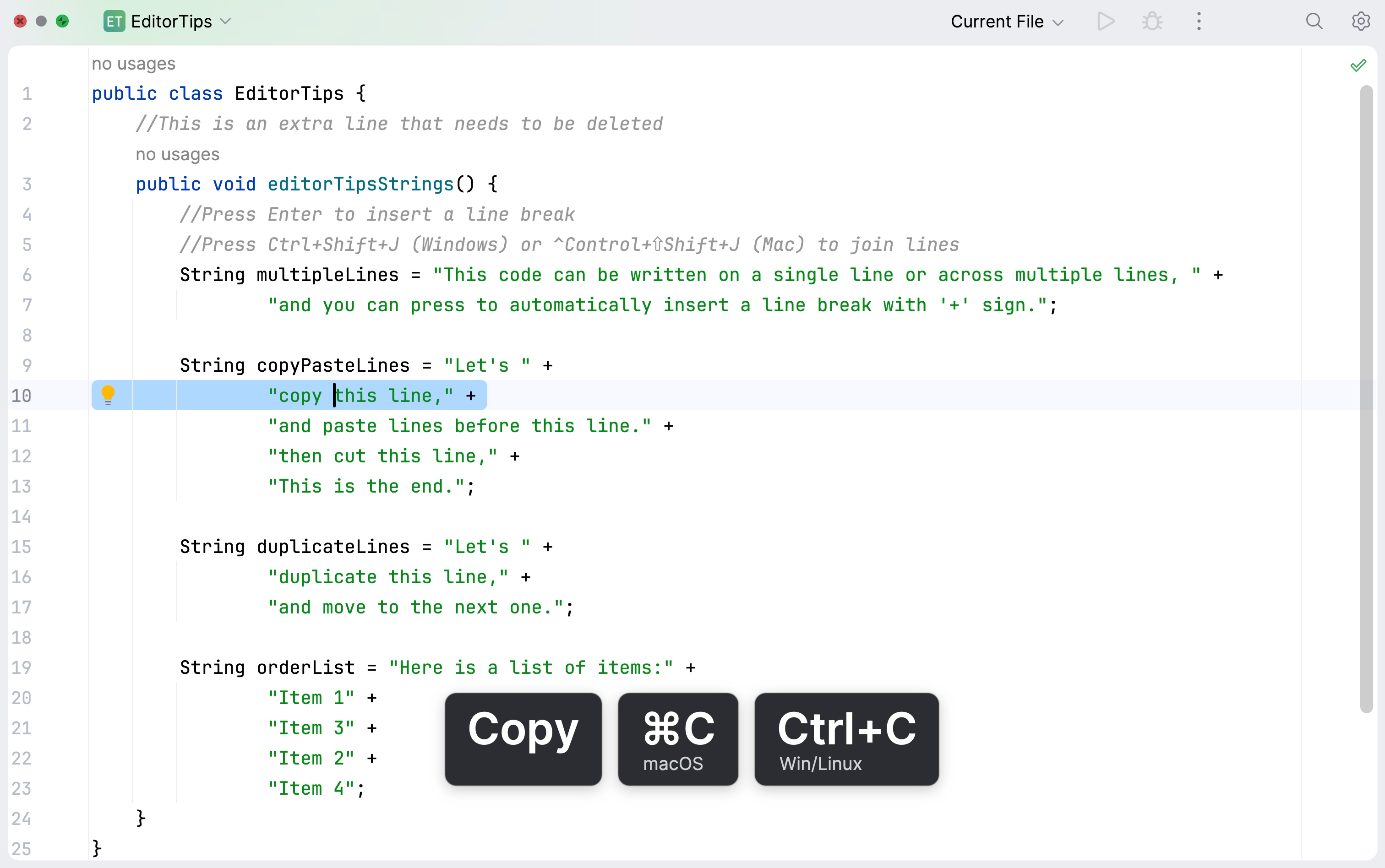 Copy and paste line in the editor