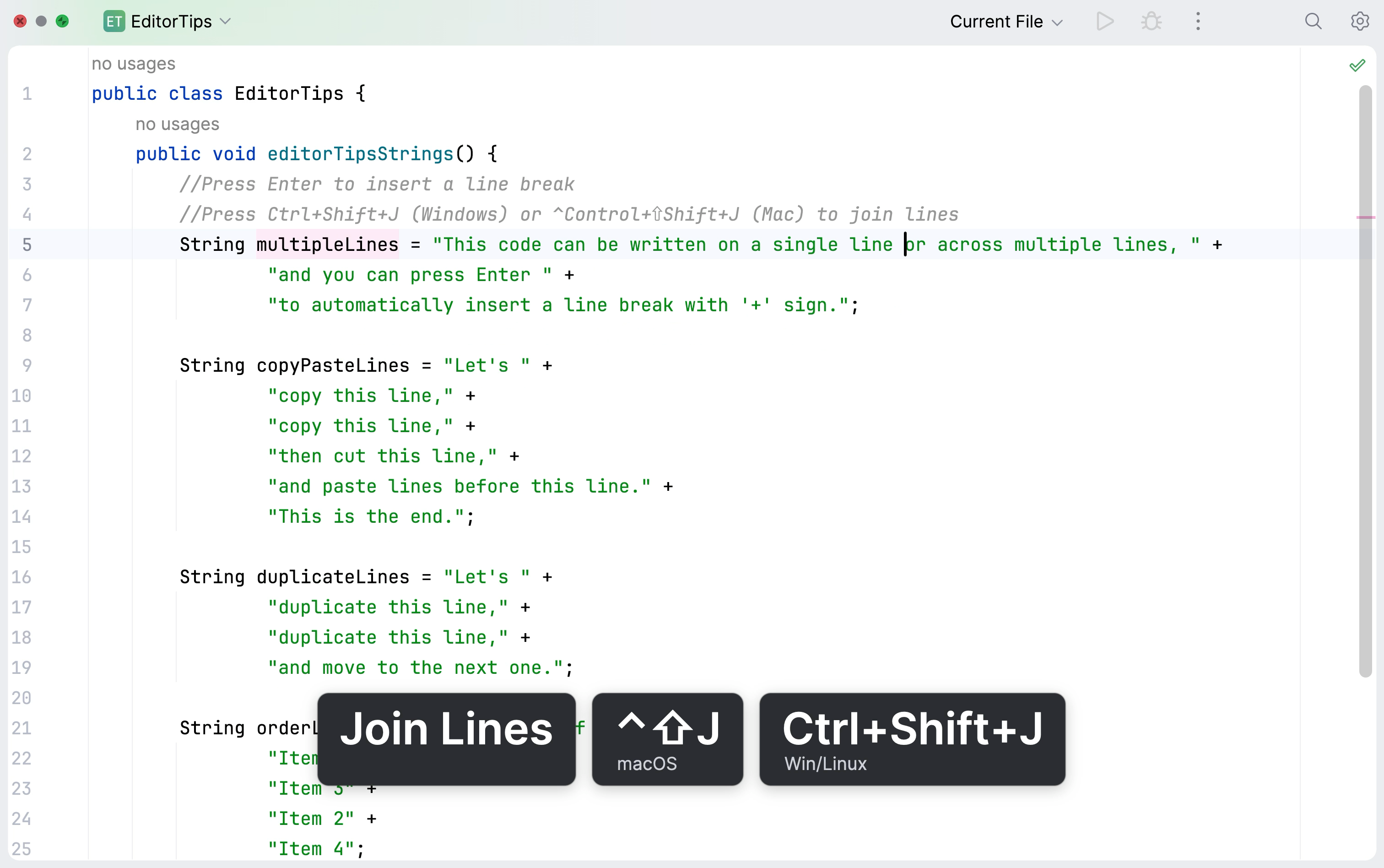 Join lines in the editor