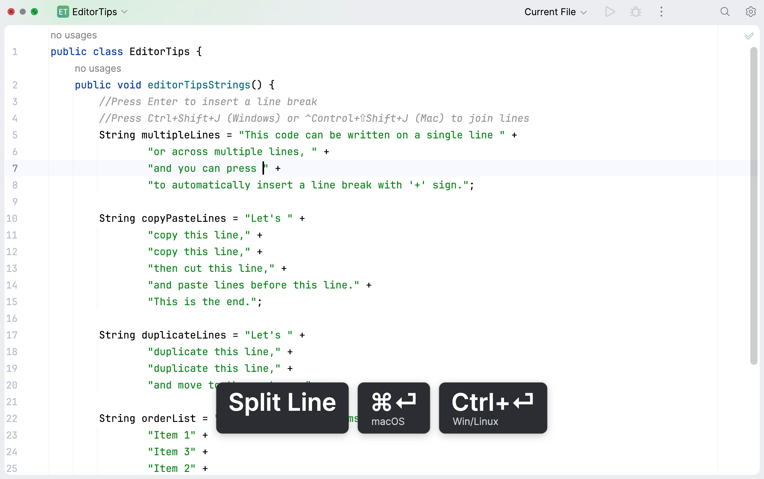 Split a line in the editor