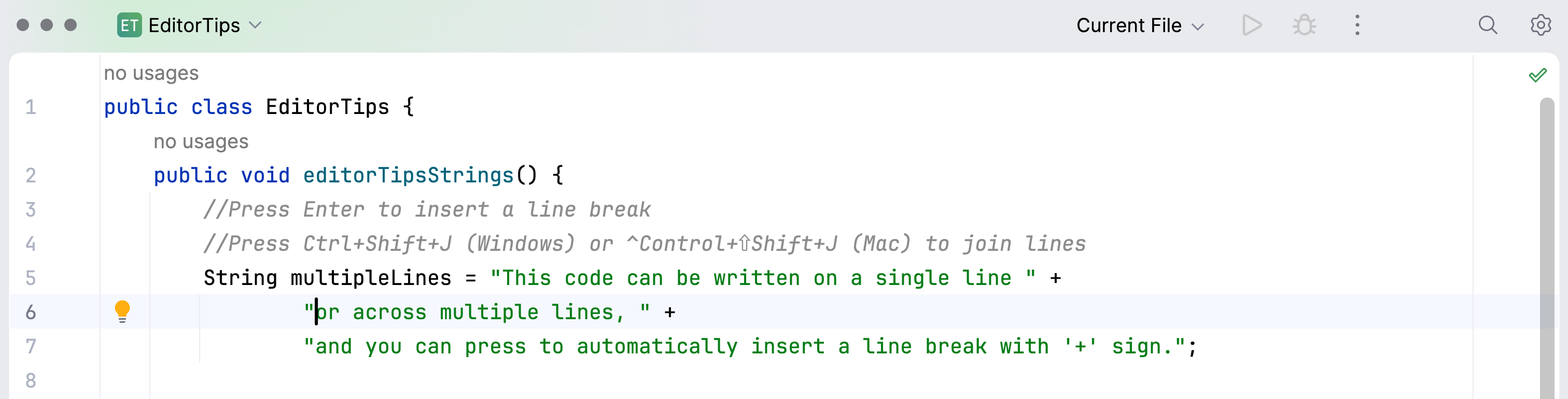 Split a line in the editor Split a line in the editor