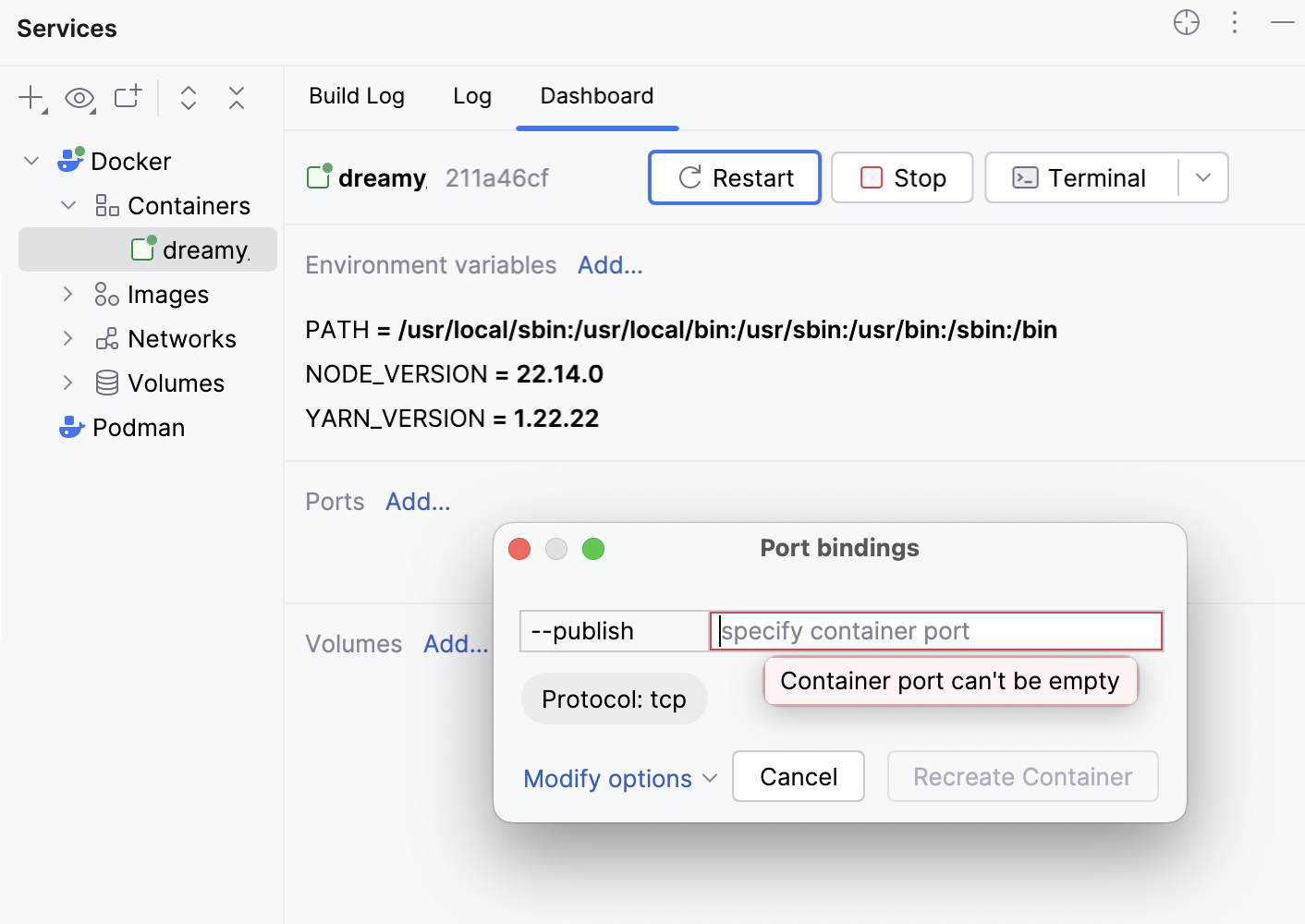 Bind ports - specify the container port Bind ports - specify the container port