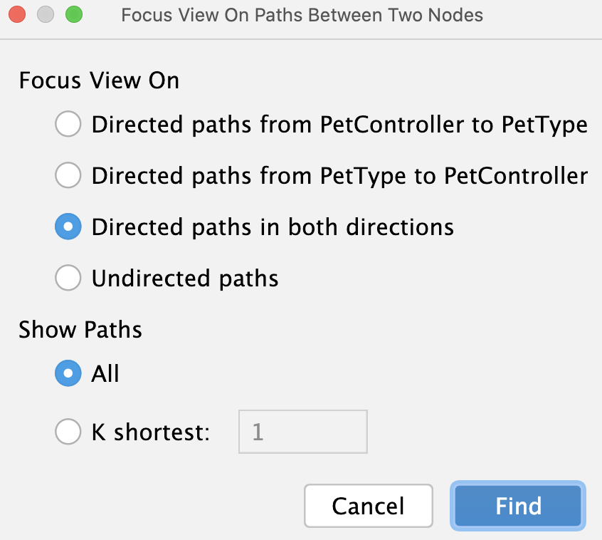 the Focus on Paths between Two Nodes dialog the Focus on Paths between Two Nodes dialog