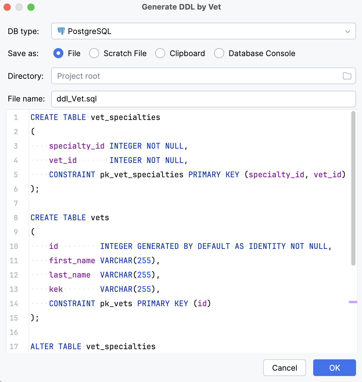 Generate DDL by Entity window
