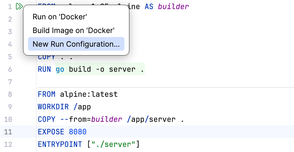Create a new Dockerfile run/debug configuration from the editor Create a new Dockerfile run/debug configuration from the editor