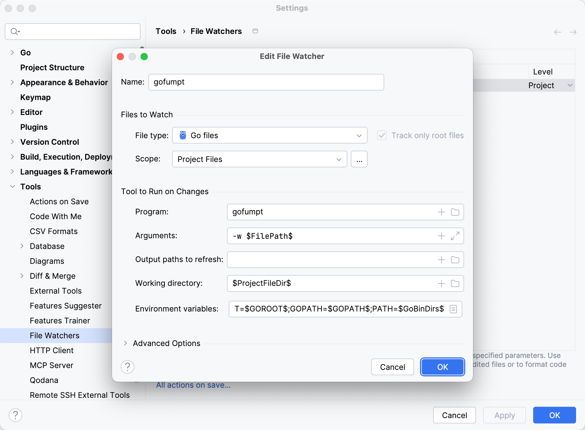 Configure gofumpt as a File Watcher