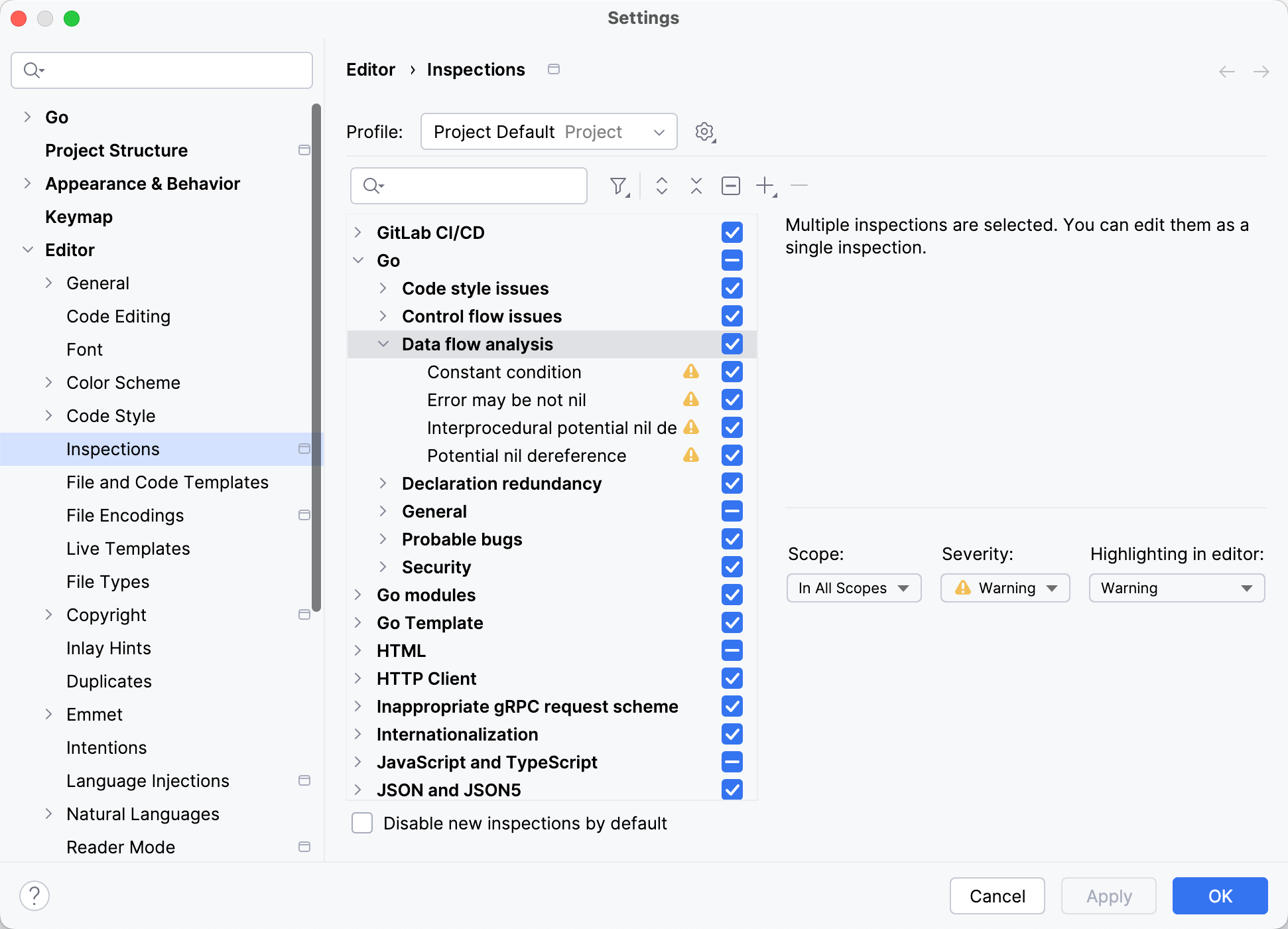 DFA 检查及其设置的列表