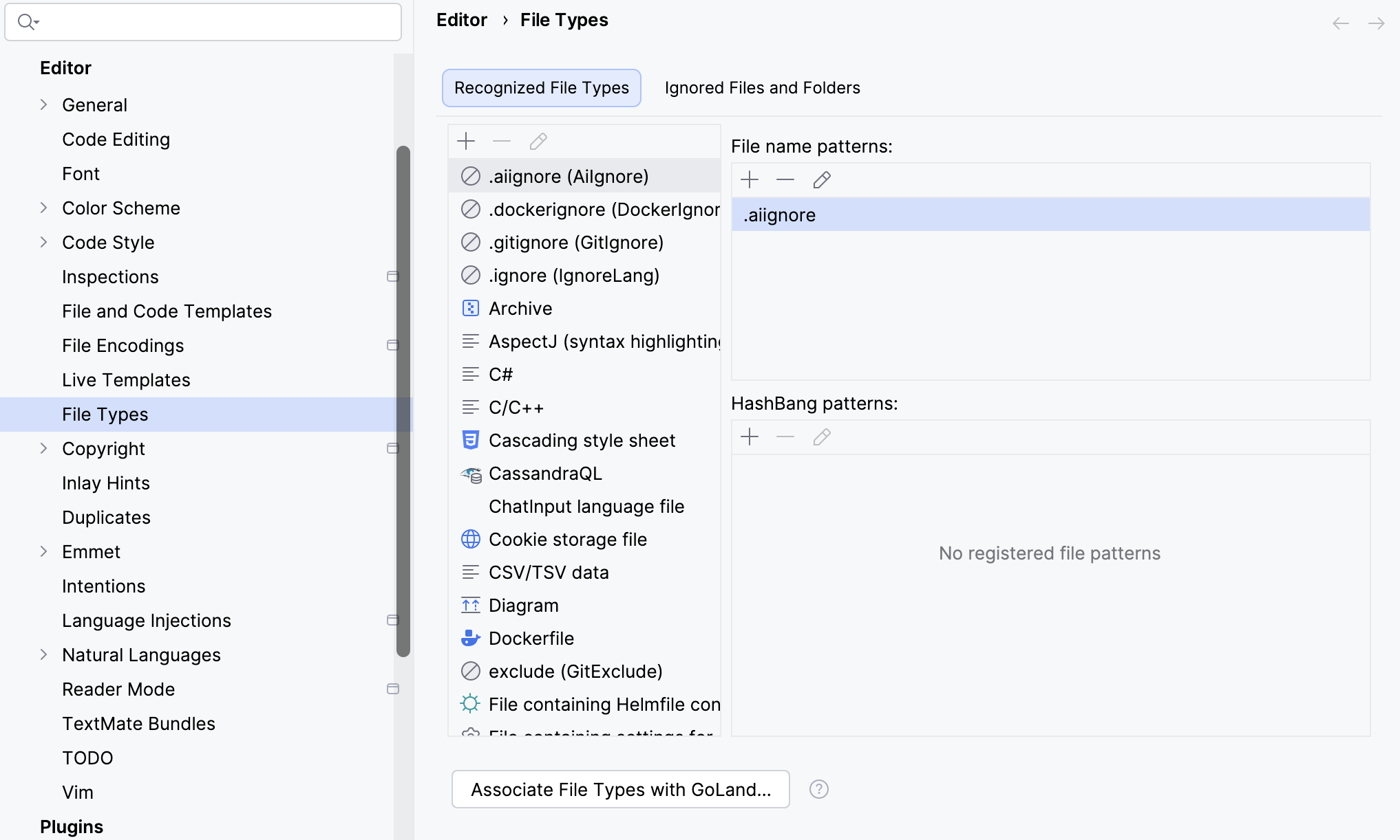 设置对话框中的已识别文件类型 设置对话框中的已识别文件类型