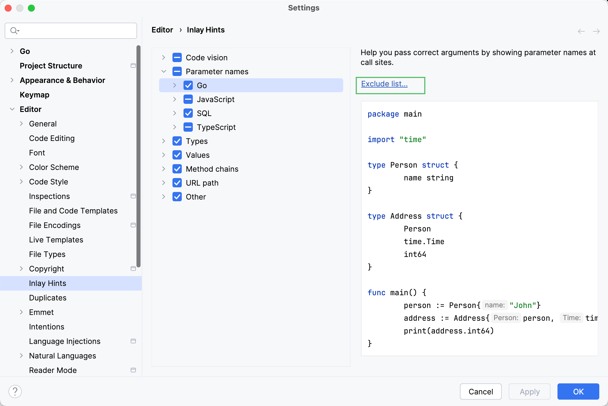 “设置 | 内联提示”中 Go 的排除列表 “设置 | 内联提示”中 Go 的排除列表