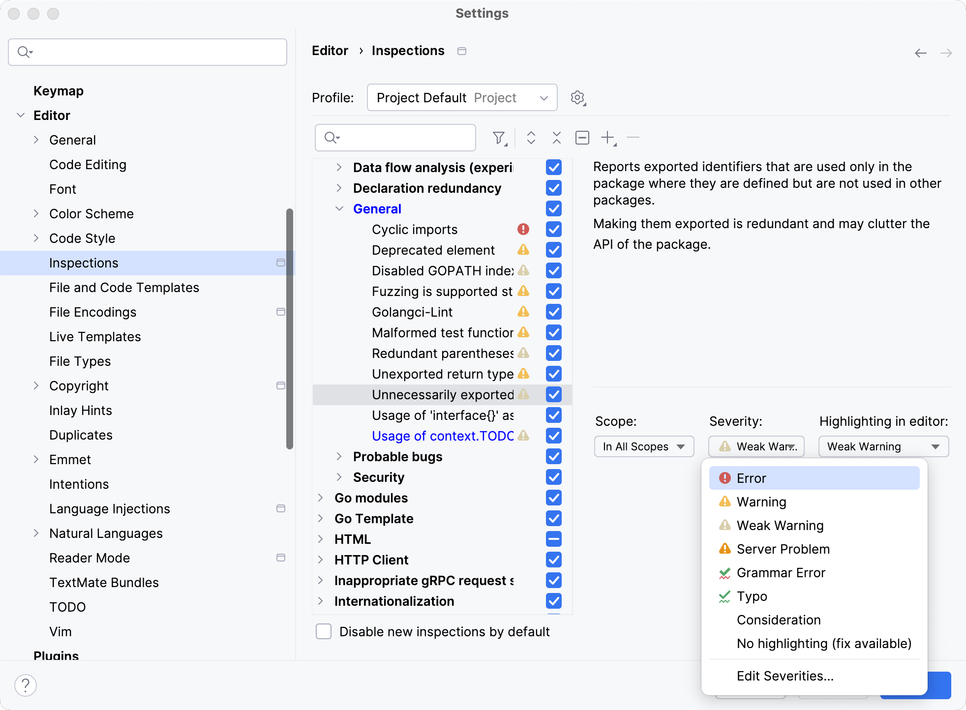 选择检查的严重性级别 选择检查的严重性级别
