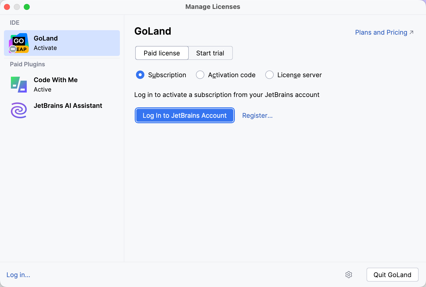 使用 JB 帐号激活 GoLand 许可证 使用 JB 帐号激活 GoLand 许可证
