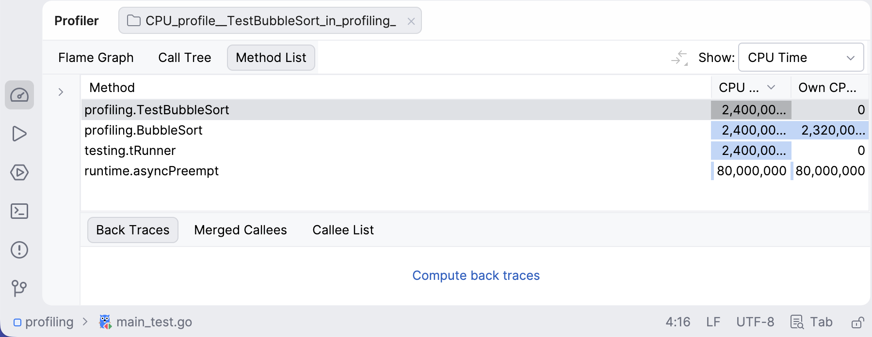 CPU 分析器中的方法列表视图