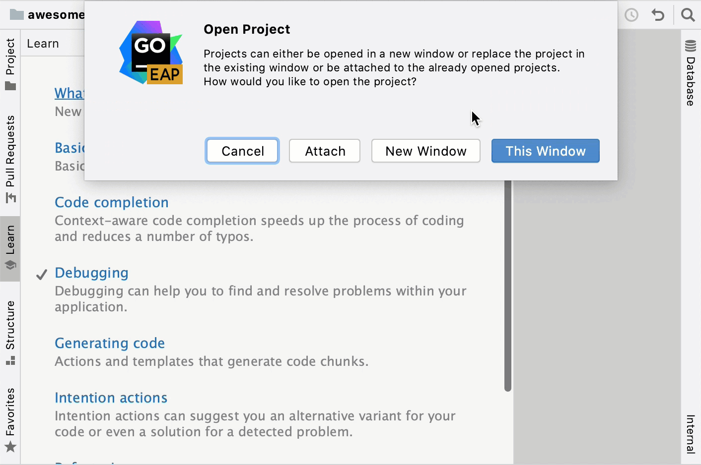 从 Learn 工具窗口打开课程