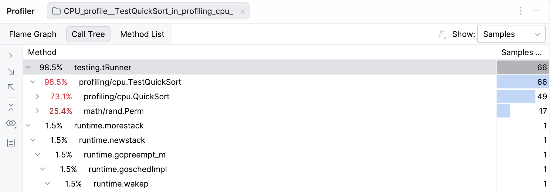 分析器结果中的调用树选项卡